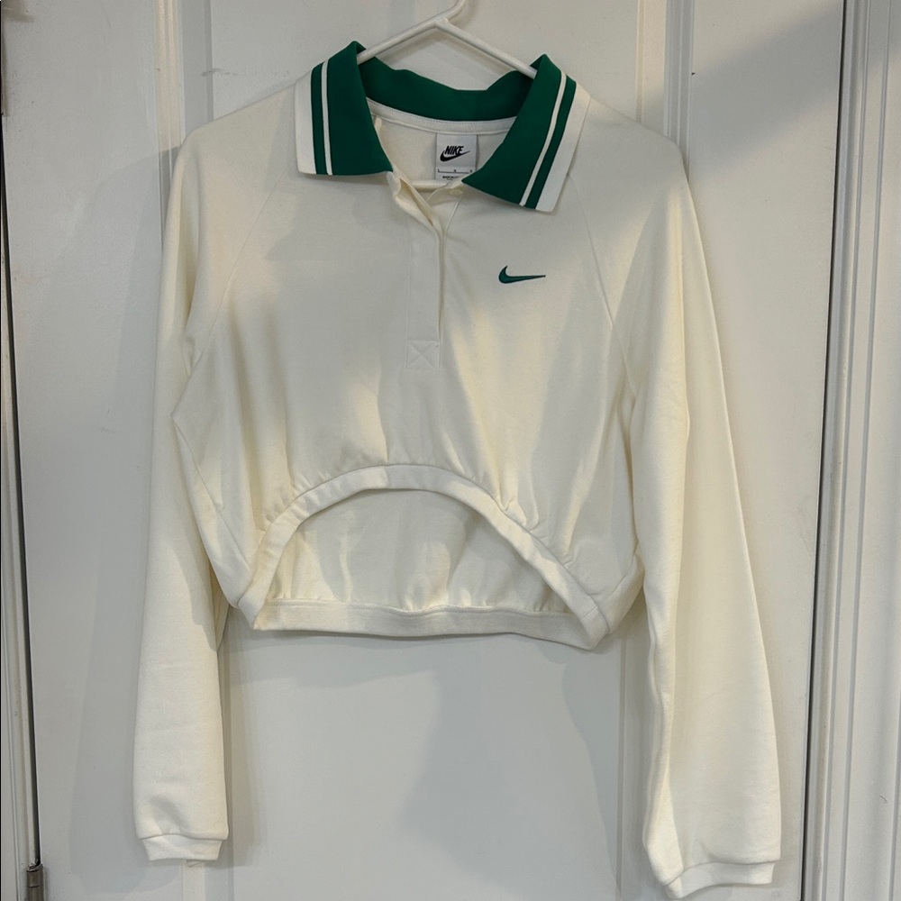 Nike Cream and Green Long Sleeve Polo (cropped)